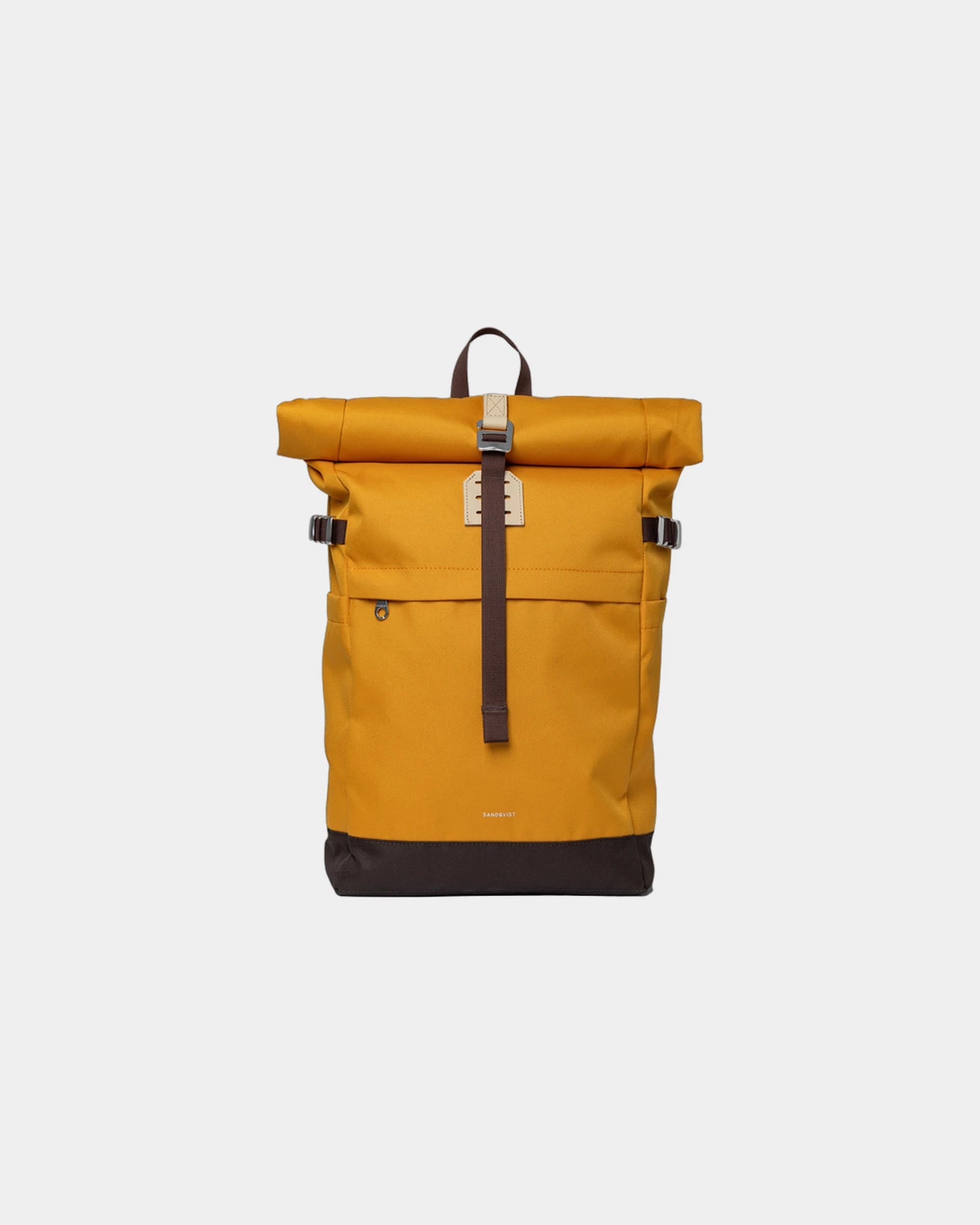 Zaino roll-top riciclato Sandqvist Icon da personalizzare - Giallo dorato con pelle naturale