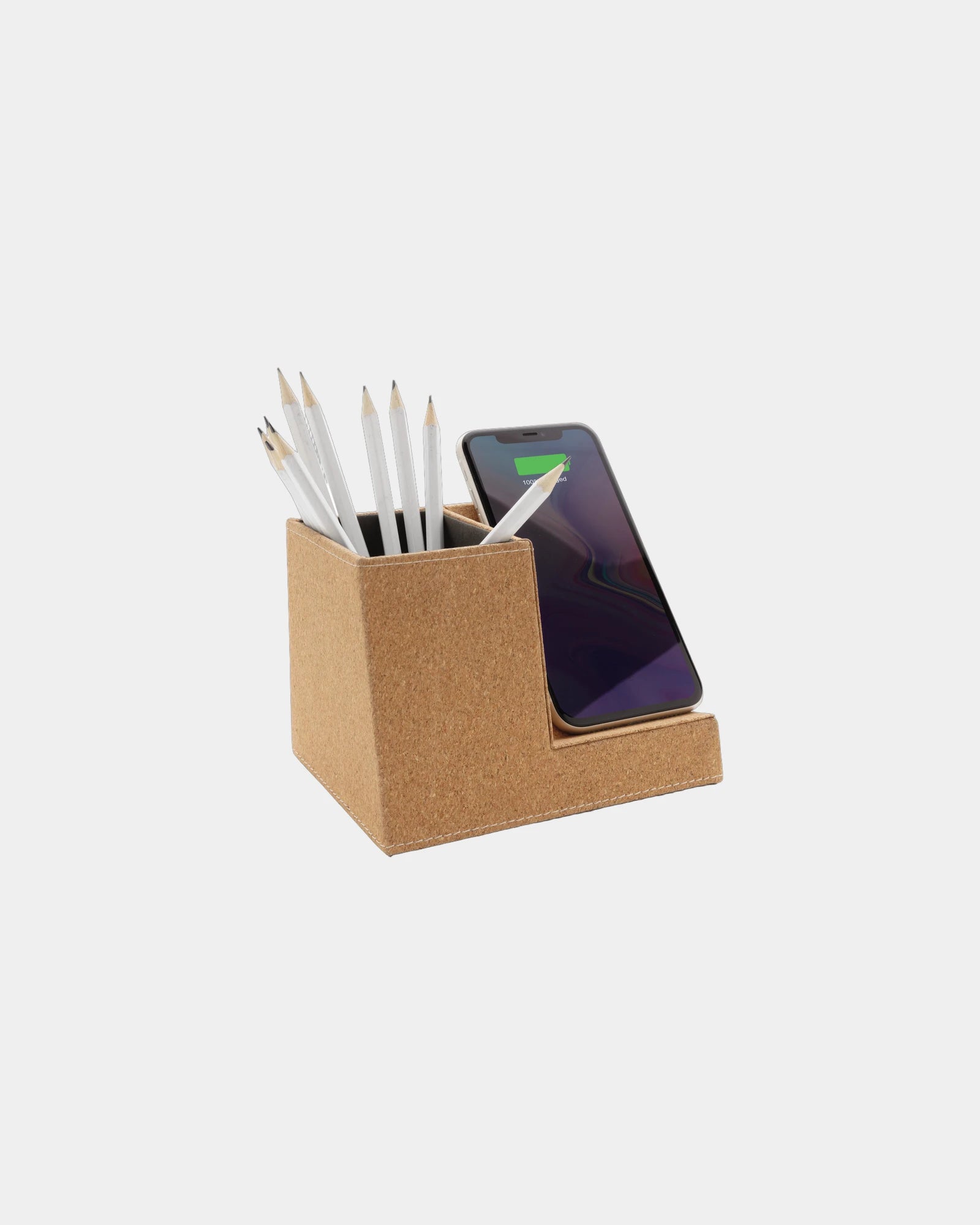 Caricatore wireless in sughero con porta penne da personalizzare - 1